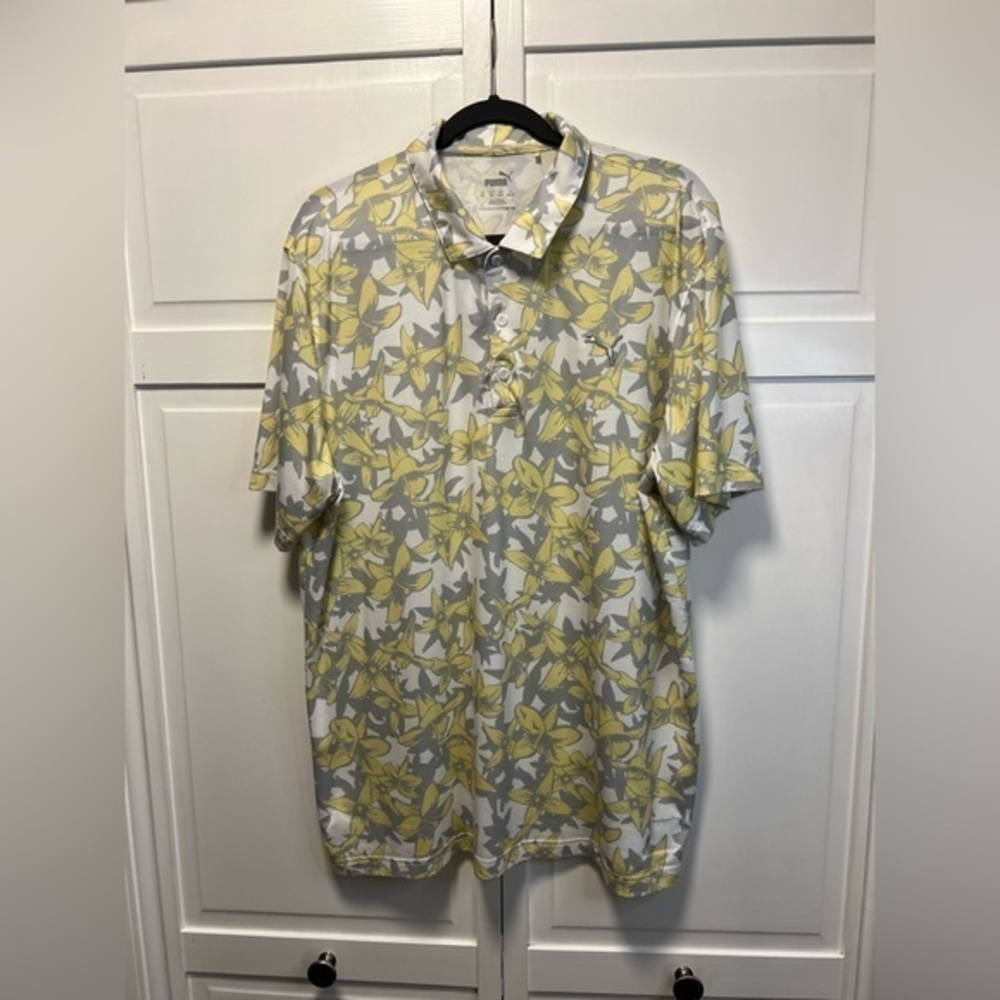 Puma Twelve Golf Polo Shirt Size Men’s XL
Color Yellow, Gray, White